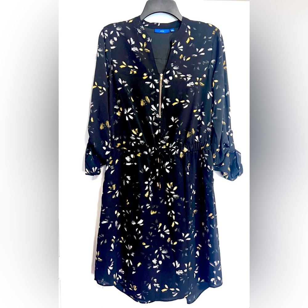 APT. 9 Black, Gold, White Paint Design 3/4 Sleeve Women’s Midi Dress